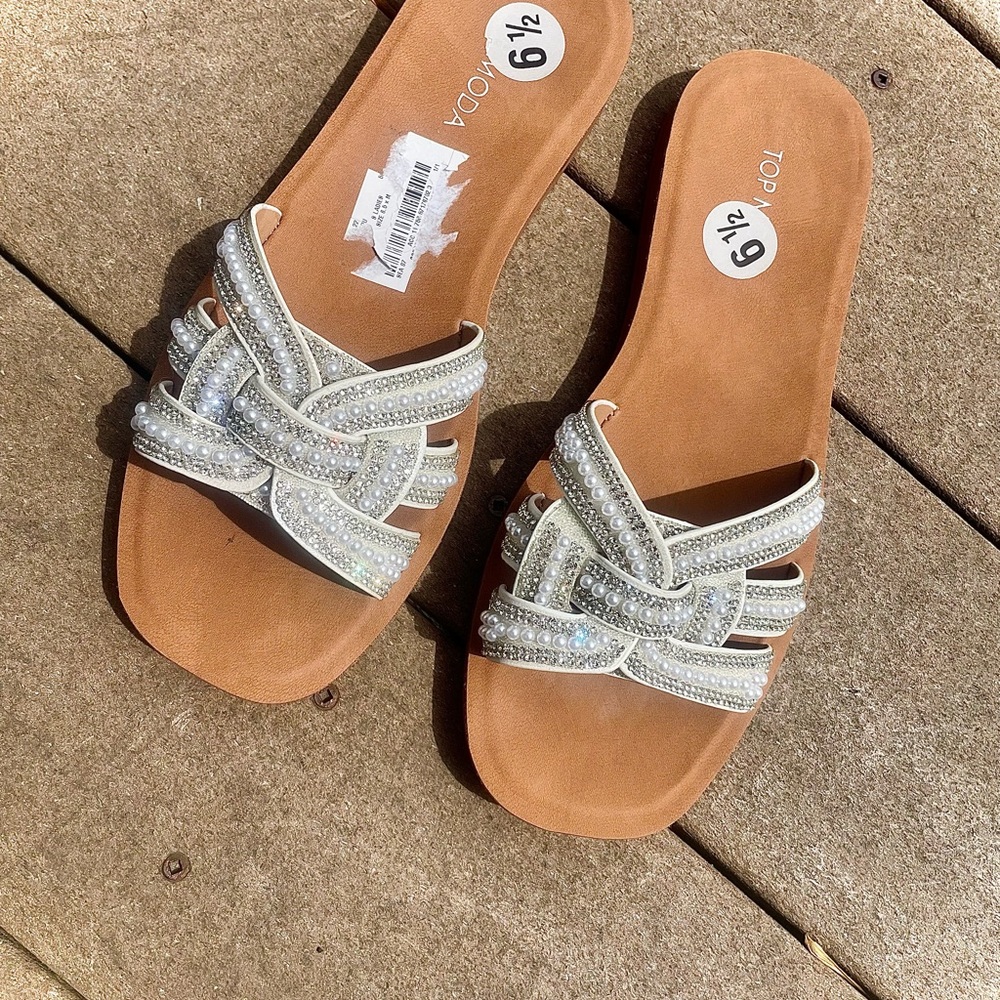 TOP Moda Silver Tan Sandals with Woven Straps